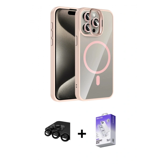 MARSİLYAN™- iPhone 15 Pro Max Kılıf Yadigar Asil Koleksiyonu - Siyah Bilvis 5in1 3D Magic Cam Ekran Koruyucu + Raze Metal Kamera Lens - SH