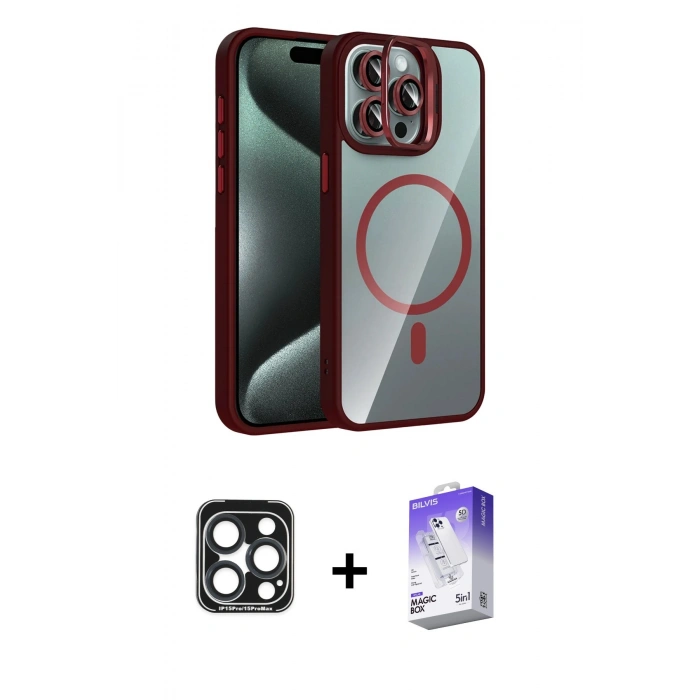 MARSİLYAN™- iPhone 15 Pro Max Kılıf Yadigar Asil Koleksiyonu - Siyah Bilvis 5in1 3D Magic Cam Ekran Koruyucu + PVD Metal Kamera Lens - LT