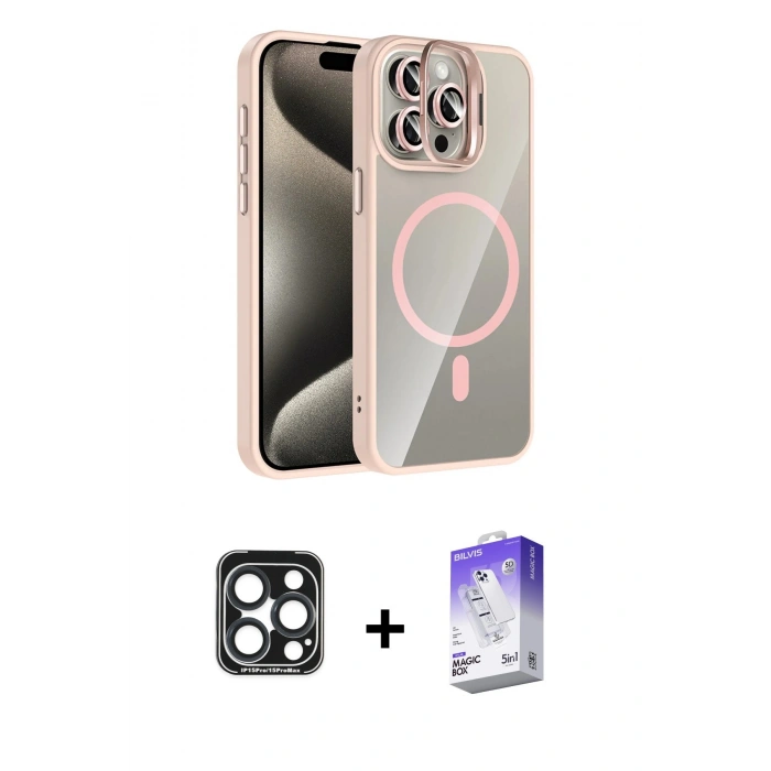 MARSİLYAN™- iPhone 15 Pro Max Kılıf Yadigar Asil Koleksiyonu - Siyah Bilvis 5in1 3D Magic Cam Ekran Koruyucu + PVD Metal Kamera Lens - LT