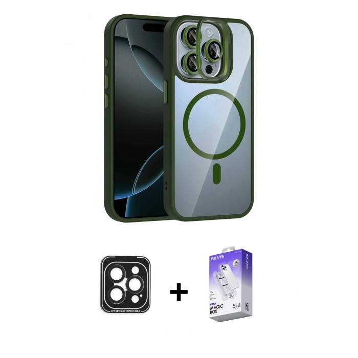 MARSİLYAN™- iPhone 15 Pro Max Kılıf Yadigar Asil Koleksiyonu - Siyah Bilvis 5in1 3D Magic Cam Ekran Koruyucu + PVD Metal Kamera Lens - SH
