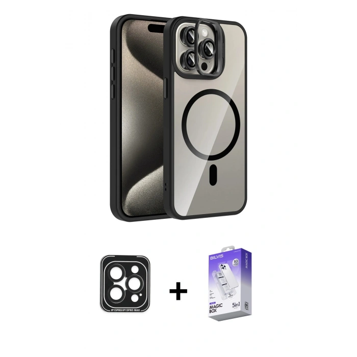 MARSİLYAN™- iPhone 15 Pro Max Kılıf Yadigar Asil Koleksiyonu - Siyah Bilvis 5in1 3D Magic Cam Ekran Koruyucu + PVD Metal Kamera Lens - SH