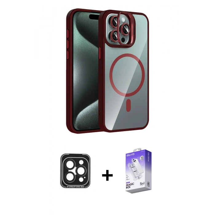 MARSİLYAN™- iPhone 15 Pro Max Kılıf Yadigar Asil Koleksiyonu - Siyah Bilvis 5in1 3D Magic Cam Ekran Koruyucu + PVD Metal Kamera Lens - SH