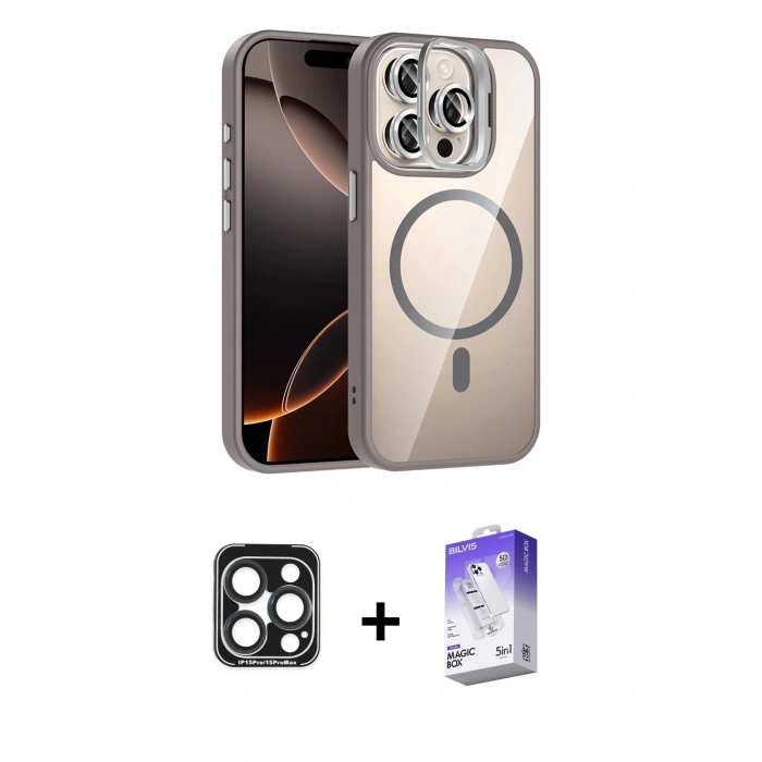 MARSİLYAN™- iPhone 15 Pro Max Kılıf Yadigar Asil Koleksiyonu - Siyah Bilvis 5in1 3D Magic Cam Ekran Koruyucu + PVD Metal Kamera Lens - LT