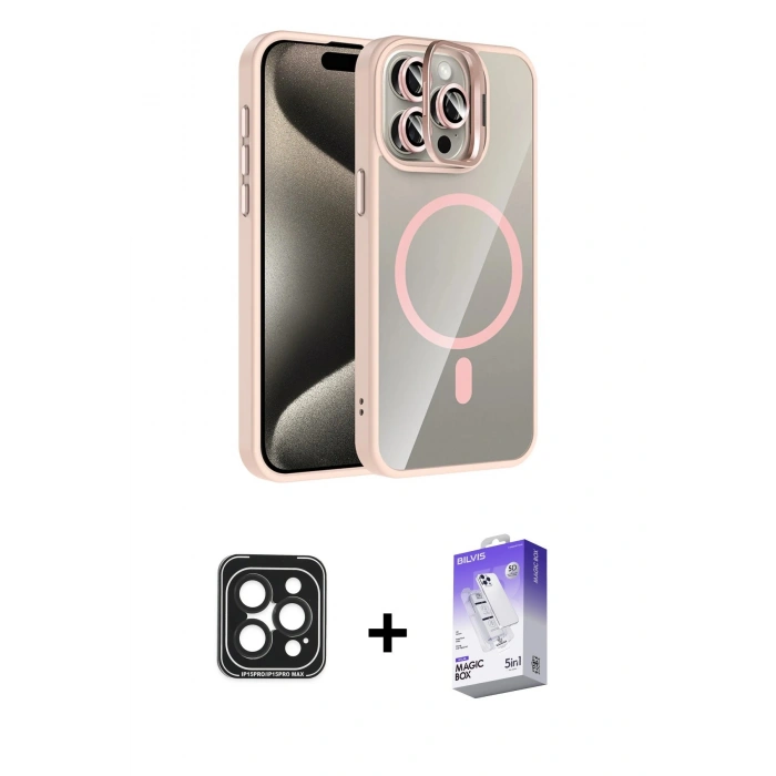 MARSİLYAN™- iPhone 15 Pro Max Kılıf Yadigar Asil Koleksiyonu - Siyah Bilvis 5in1 3D Magic Cam Ekran Koruyucu + PVD Metal Kamera Lens - SH