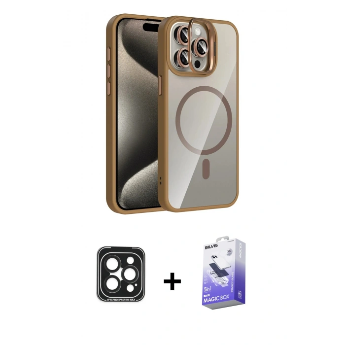 MARSİLYAN™- iPhone 15 Pro Max Kılıf Yadigar Asil Koleksiyonu - Siyah Bilvis 5in1 5D Magic Hayalet Cam Ekran Koruyucu + PVD Metal Kamera Lens - SH