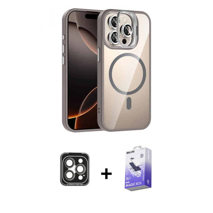 MARSİLYAN™- iPhone 15 Pro Max Kılıf Yadigar Asil Koleksiyonu - Siyah Bilvis 5in1 5D Magic Hayalet Cam Ekran Koruyucu + PVD Metal Kamera Lens - GI