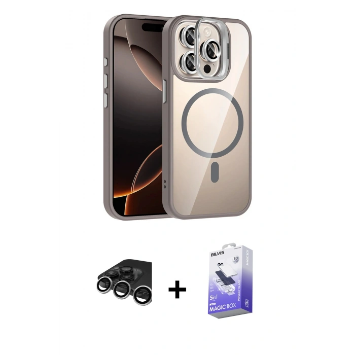MARSİLYAN™- iPhone 15 Pro Max Kılıf Yadigar Asil Koleksiyonu - Siyah Bilvis 5in1 5D Magic Hayalet Cam Ekran Koruyucu + Raze Metal Kamera Lens - GS
