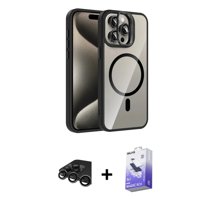 MARSİLYAN™- iPhone 15 Pro Max Kılıf Yadigar Asil Koleksiyonu - Siyah Bilvis 5in1 5D Magic Hayalet Cam Ekran Koruyucu + Raze Metal Kamera Lens - TMGI