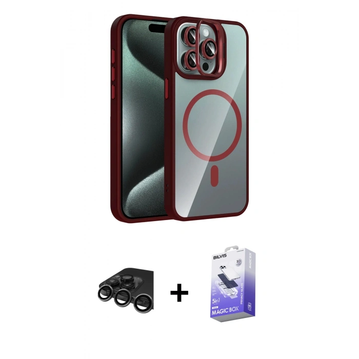 MARSİLYAN™- iPhone 15 Pro Max Kılıf Yadigar Asil Koleksiyonu - Siyah Bilvis 5in1 5D Magic Hayalet Cam Ekran Koruyucu + Raze Metal Kamera Lens - TMGI