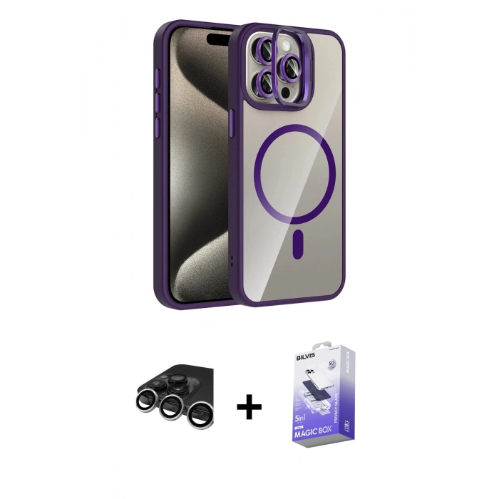 MARSİLYAN™- iPhone 15 Pro Max Kılıf Yadigar Asil Koleksiyonu - Siyah Bilvis 5in1 5D Magic Hayalet Cam Ekran Koruyucu + Raze Metal Kamera Lens - GS