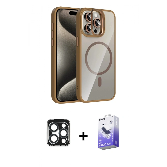 MARSİLYAN™- iPhone 15 Pro Max Kılıf Yadigar Asil Koleksiyonu - Siyah Bilvis 5in1 5D Magic Hayalet Cam Ekran Koruyucu + PVD Metal Kamera Lens - LT