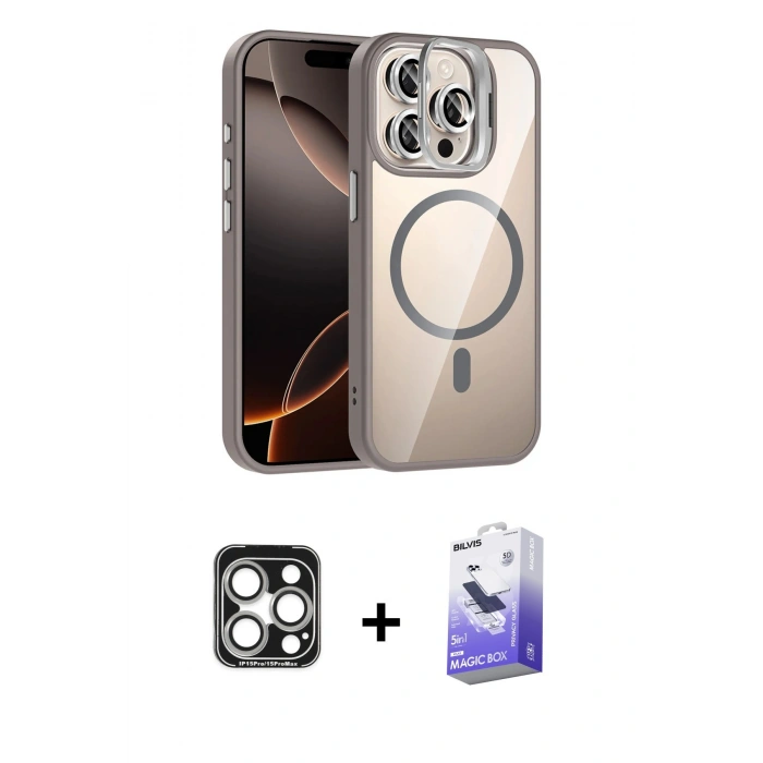 MARSİLYAN™- iPhone 15 Pro Max Kılıf Yadigar Asil Koleksiyonu - Siyah Bilvis 5in1 5D Magic Hayalet Cam Ekran Koruyucu + PVD Metal Kamera Lens - GS