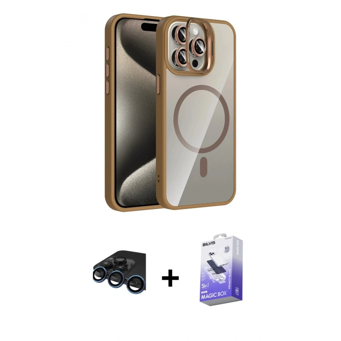 MARSİLYAN™- iPhone 15 Pro Max Kılıf Yadigar Asil Koleksiyonu - Siyah Bilvis 5in1 5D Magic Hayalet Cam Ekran Koruyucu + Raze Metal Kamera Lens - LT