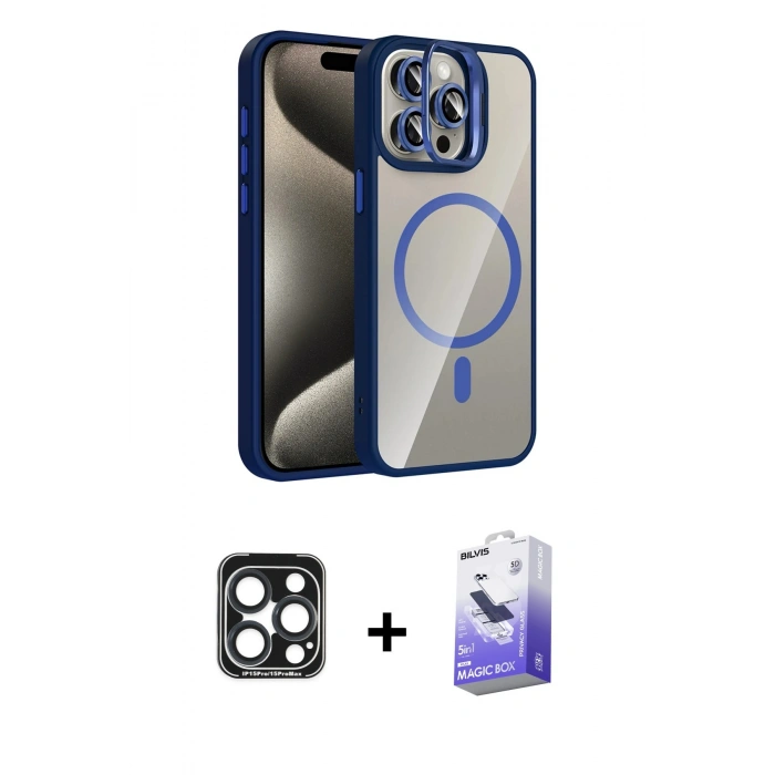 MARSİLYAN™- iPhone 15 Pro Max Kılıf Yadigar Asil Koleksiyonu - Siyah Bilvis 5in1 5D Magic Hayalet Cam Ekran Koruyucu + PVD Metal Kamera Lens - LT