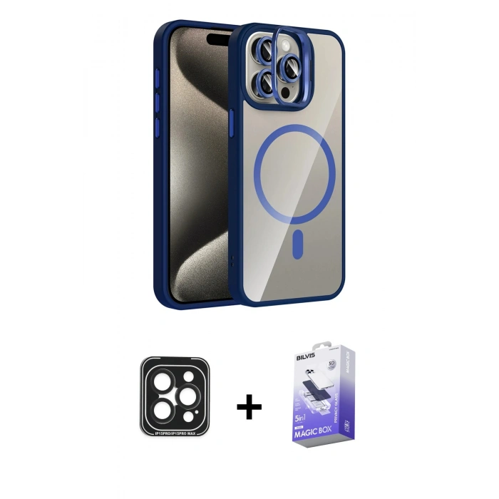 MARSİLYAN™- iPhone 15 Pro Max Kılıf Yadigar Asil Koleksiyonu - Siyah Bilvis 5in1 5D Magic Hayalet Cam Ekran Koruyucu + PVD Metal Kamera Lens - SH