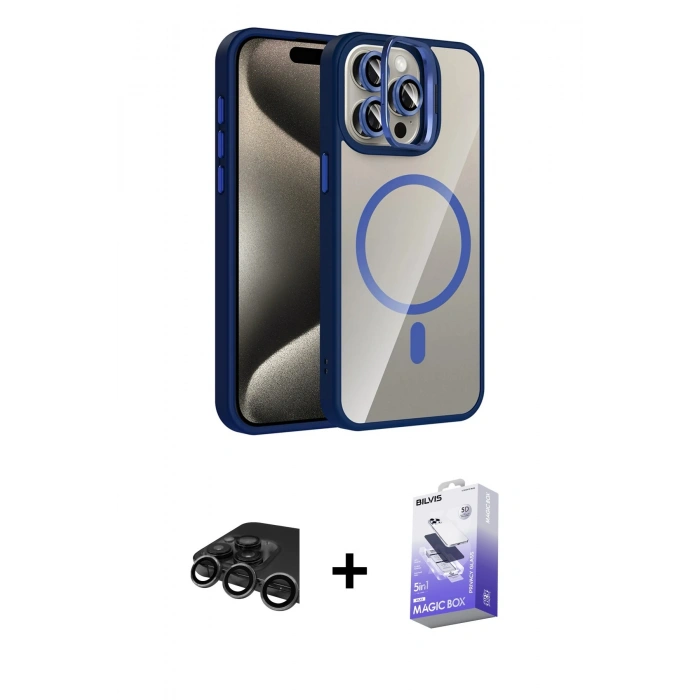MARSİLYAN™- iPhone 15 Pro Max Kılıf Yadigar Asil Koleksiyonu - Siyah Bilvis 5in1 5D Magic Hayalet Cam Ekran Koruyucu + Raze Metal Kamera Lens - TMGI