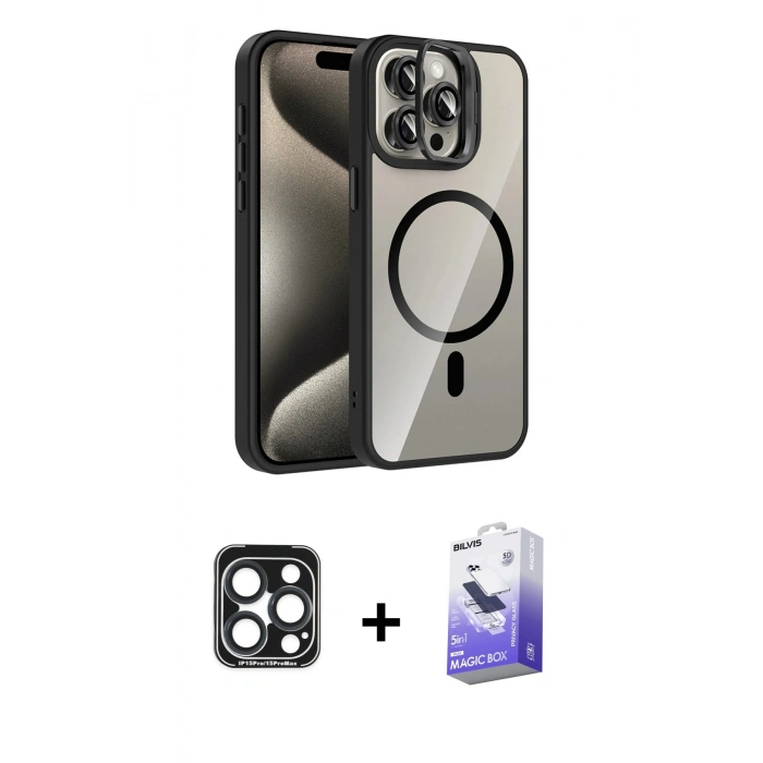 MARSİLYAN™- iPhone 15 Pro Max Kılıf Yadigar Asil Koleksiyonu - Siyah Bilvis 5in1 5D Magic Hayalet Cam Ekran Koruyucu + PVD Metal Kamera Lens - LT