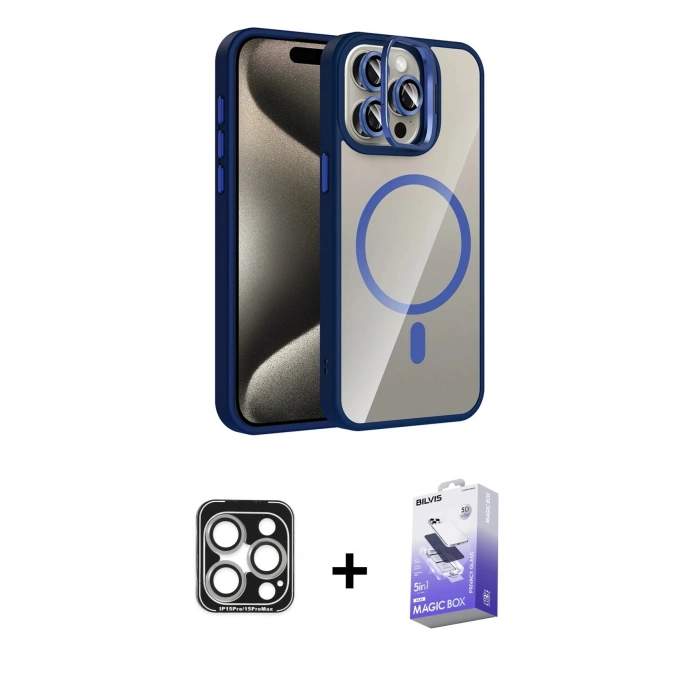 MARSİLYAN™- iPhone 15 Pro Max Kılıf Yadigar Asil Koleksiyonu - Siyah Bilvis 5in1 5D Magic Hayalet Cam Ekran Koruyucu + PVD Metal Kamera Lens - GS
