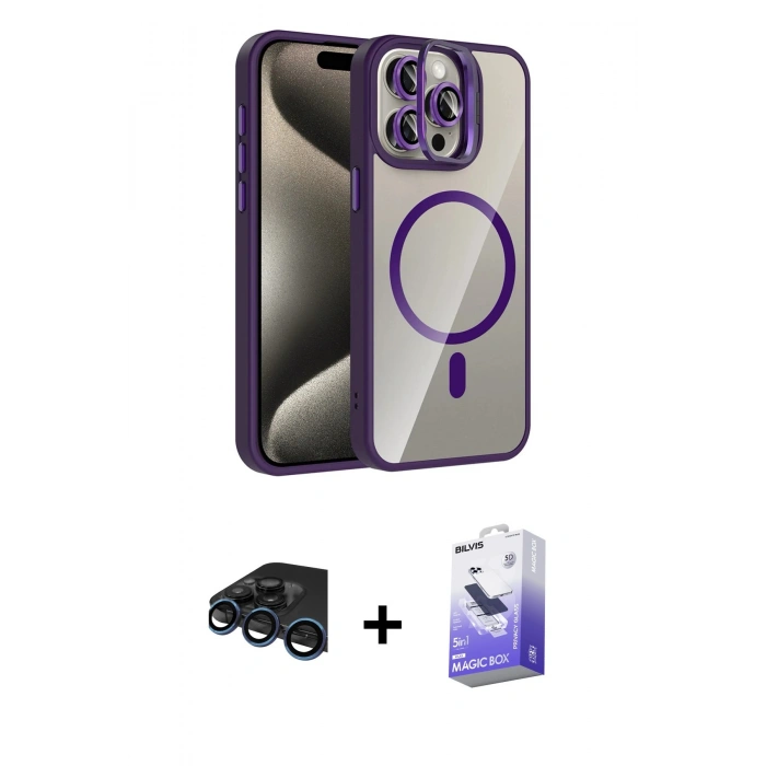 MARSİLYAN™- iPhone 15 Pro Max Kılıf Yadigar Asil Koleksiyonu - Siyah Bilvis 5in1 5D Magic Hayalet Cam Ekran Koruyucu + Raze Metal Kamera Lens - LT