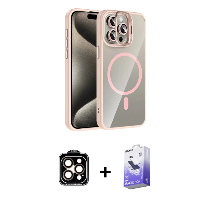 MARSİLYAN™- iPhone 15 Pro Max Kılıf Yadigar Asil Koleksiyonu - Siyah Bilvis 5in1 5D Magic Hayalet Cam Ekran Koruyucu + PVD Metal Kamera Lens - TU