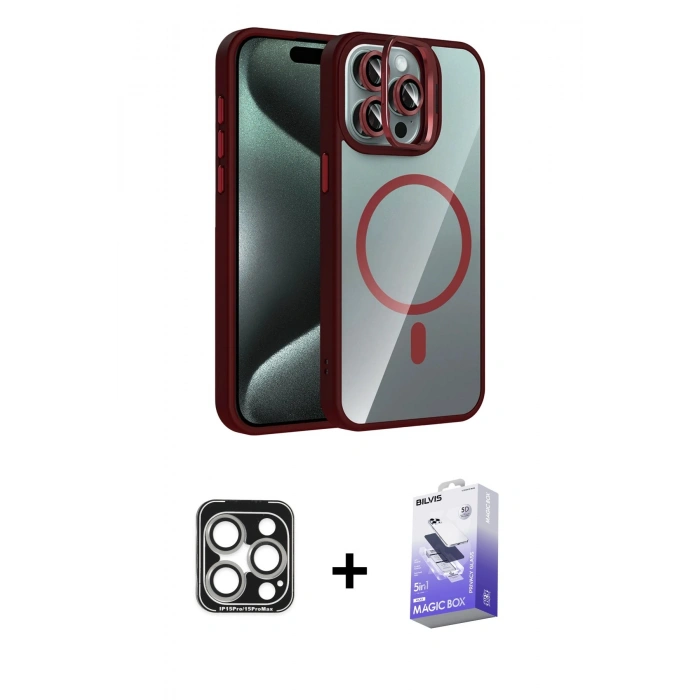 MARSİLYAN™- iPhone 15 Pro Max Kılıf Yadigar Asil Koleksiyonu - Siyah Bilvis 5in1 5D Magic Hayalet Cam Ekran Koruyucu + PVD Metal Kamera Lens - GS