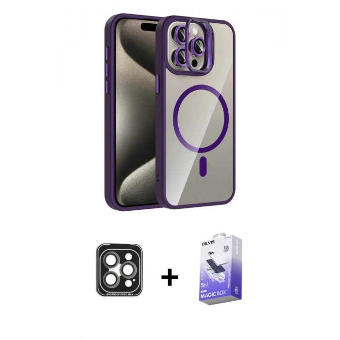 MARSİLYAN™- iPhone 15 Pro Max Kılıf Yadigar Asil Koleksiyonu - Siyah Bilvis 5in1 5D Magic Hayalet Cam Ekran Koruyucu + PVD Metal Kamera Lens - GI