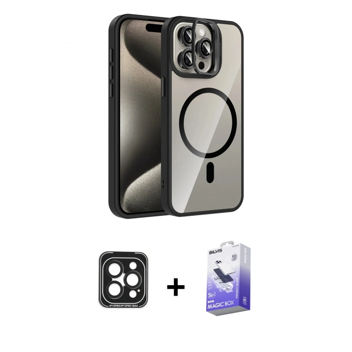 MARSİLYAN™- iPhone 15 Pro Max Kılıf Yadigar Asil Koleksiyonu - Siyah Bilvis 5in1 5D Magic Hayalet Cam Ekran Koruyucu + PVD Metal Kamera Lens - SH