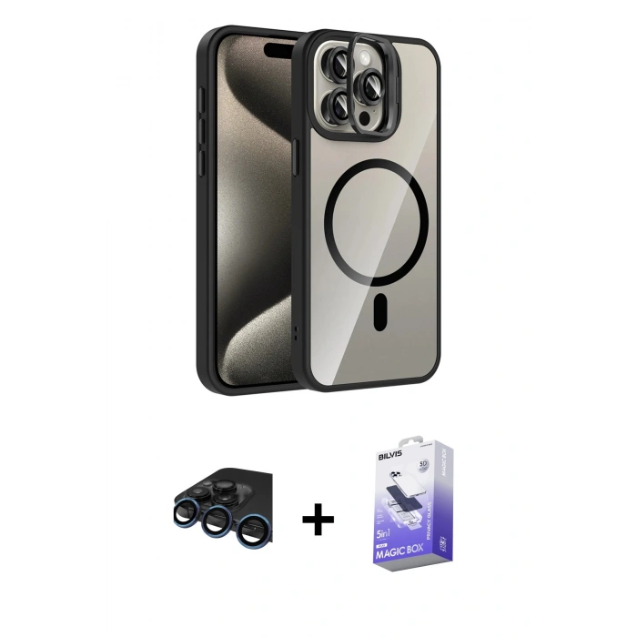 MARSİLYAN™- iPhone 15 Pro Max Kılıf Yadigar Asil Koleksiyonu - Siyah Bilvis 5in1 5D Magic Hayalet Cam Ekran Koruyucu + Raze Metal Kamera Lens - LT