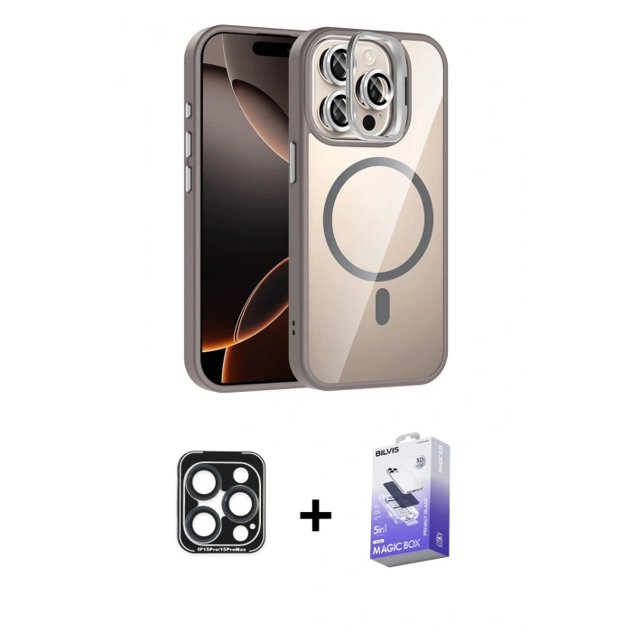 MARSİLYAN™- iPhone 15 Pro Max Kılıf Yadigar Asil Koleksiyonu - Siyah Bilvis 5in1 5D Magic Hayalet Cam Ekran Koruyucu + PVD Metal Kamera Lens - LT