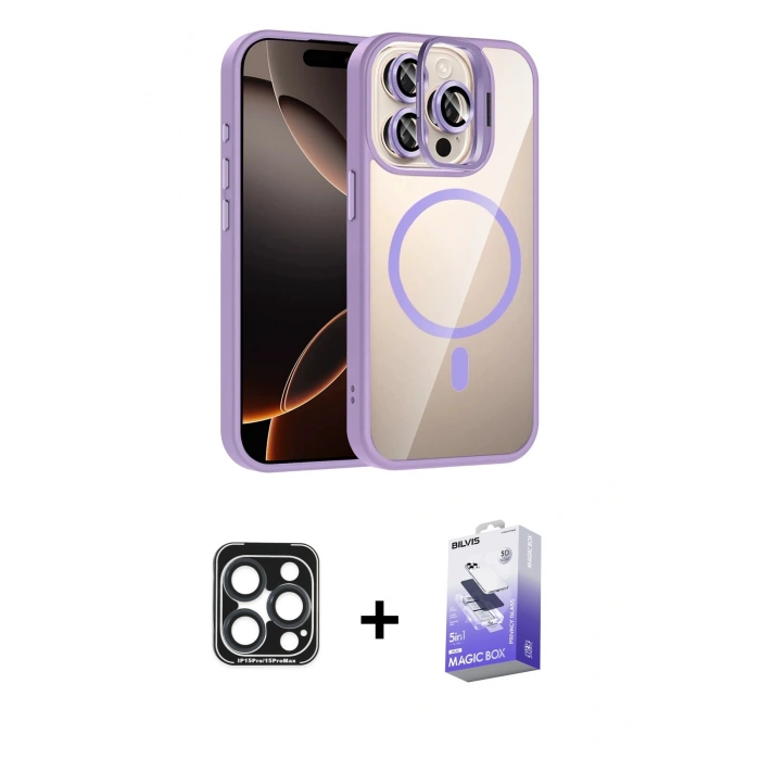 MARSİLYAN™- iPhone 15 Pro Max Kılıf Yadigar Asil Koleksiyonu - Siyah Bilvis 5in1 5D Magic Hayalet Cam Ekran Koruyucu + PVD Metal Kamera Lens - LT