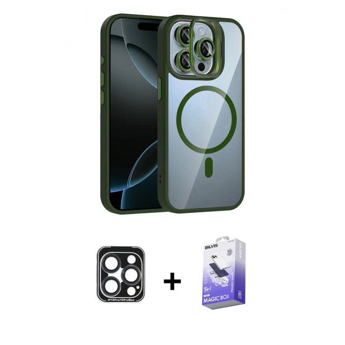MARSİLYAN™- iPhone 15 Pro Max Kılıf Yadigar Asil Koleksiyonu - Siyah Bilvis 5in1 5D Magic Hayalet Cam Ekran Koruyucu + PVD Metal Kamera Lens - LT