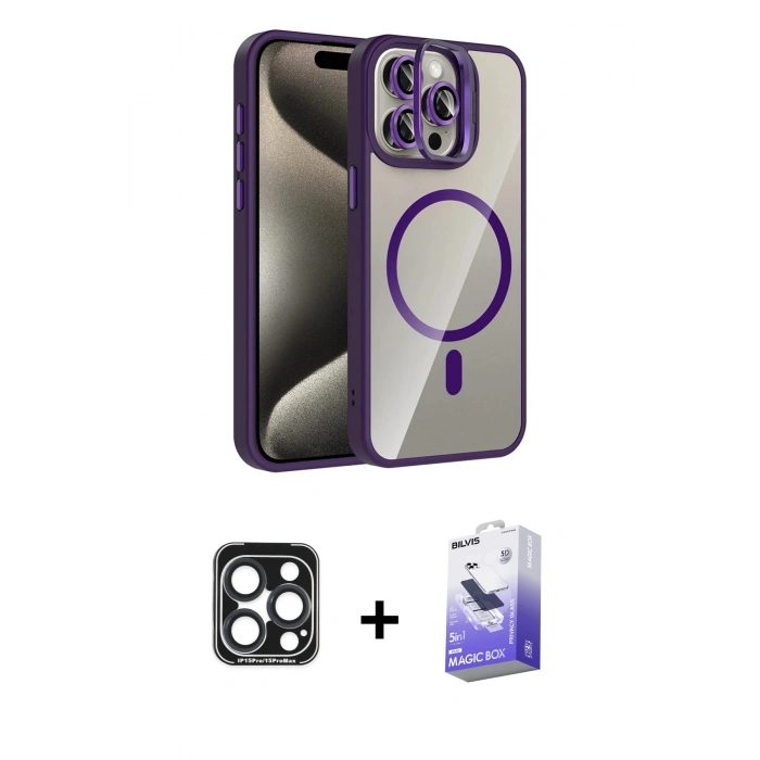 MARSİLYAN™- iPhone 15 Pro Max Kılıf Yadigar Asil Koleksiyonu - Siyah Bilvis 5in1 5D Magic Hayalet Cam Ekran Koruyucu + PVD Metal Kamera Lens - LT