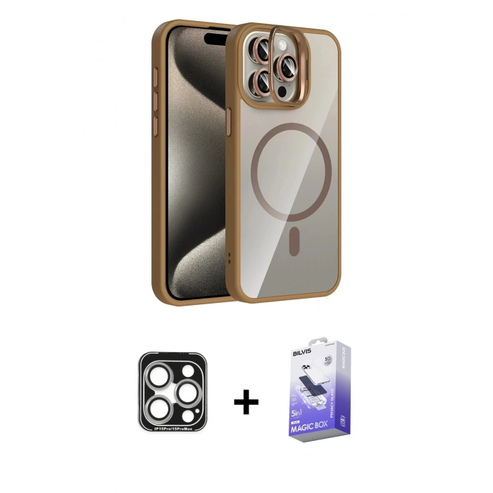 MARSİLYAN™- iPhone 15 Pro Max Kılıf Yadigar Asil Koleksiyonu - Siyah Bilvis 5in1 5D Magic Hayalet Cam Ekran Koruyucu + PVD Metal Kamera Lens - GS