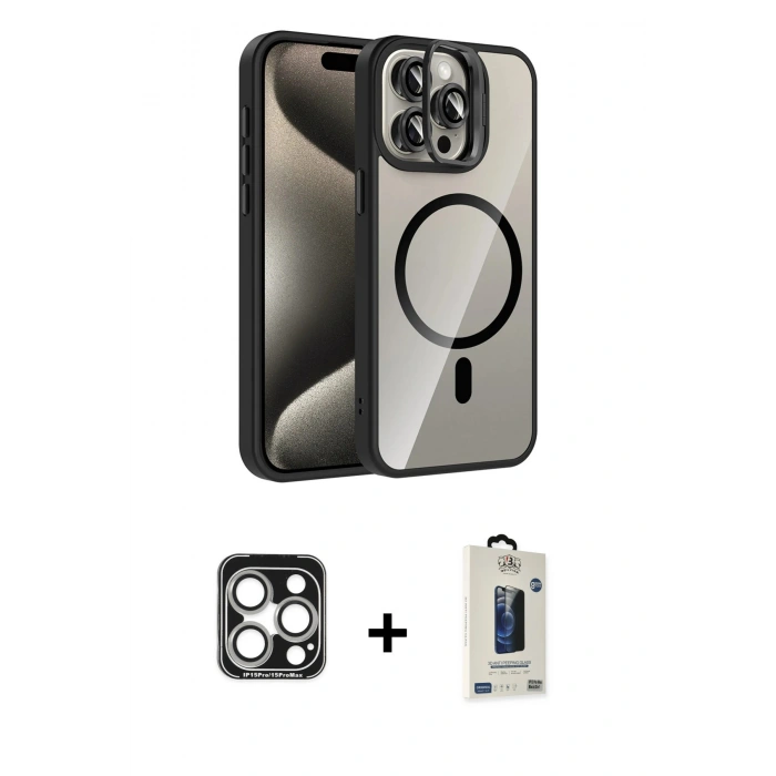 MARSİLYAN™- iPhone 15 Pro Max Kılıf Yadigar Asil Koleksiyonu - Siyah Bilvis Hayalet Cam Ekran Koruyucu + PVD Metal Kamera Lens - GS