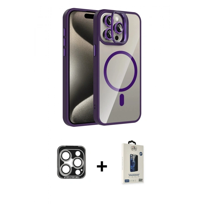 MARSİLYAN™- iPhone 15 Pro Max Kılıf Yadigar Asil Koleksiyonu - Siyah Bilvis Hayalet Cam Ekran Koruyucu + PVD Metal Kamera Lens - GS