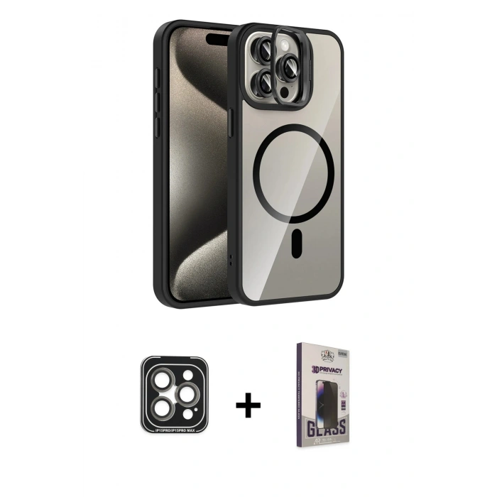 MARSİLYAN™- iPhone 15 Pro Max Kılıf Yadigar Asil Koleksiyonu - Siyah Bilvis Hayalet Cam Ekran Koruyucu + PVD Metal Kamera Lens - GI