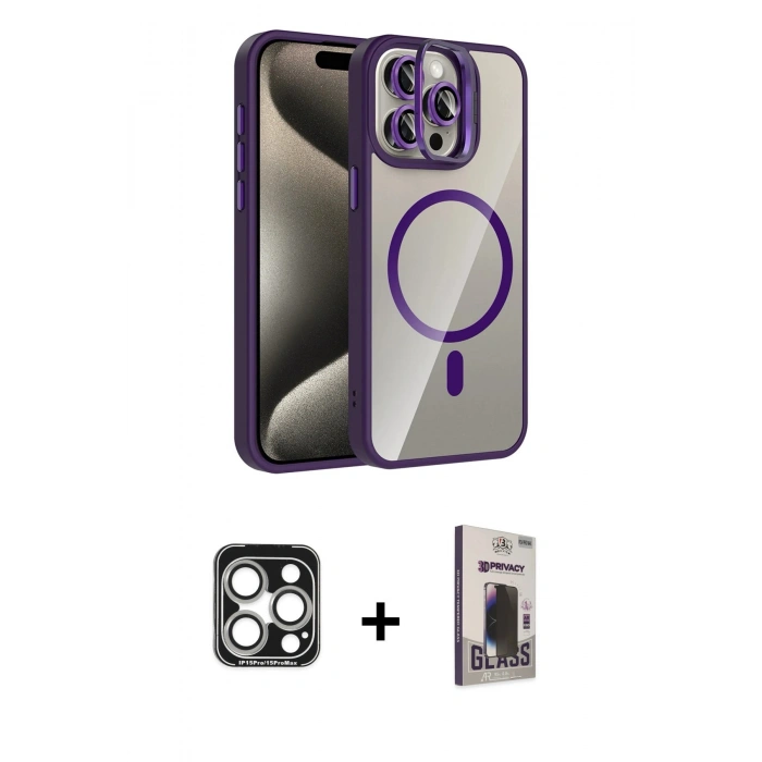MARSİLYAN™- iPhone 15 Pro Max Kılıf Yadigar Asil Koleksiyonu - Siyah Bilvis Hayalet Cam Ekran Koruyucu + Gümüş PVD Metal Kamera Lens