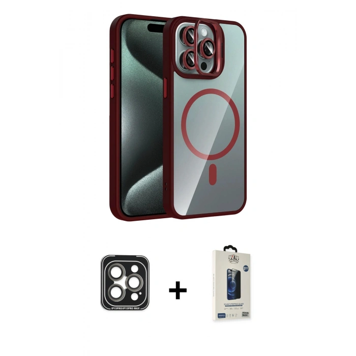 MARSİLYAN™- iPhone 15 Pro Max Kılıf Yadigar Asil Koleksiyonu - Siyah Bilvis Hayalet Cam Ekran Koruyucu + Gri PVD Metal Kamera Lens