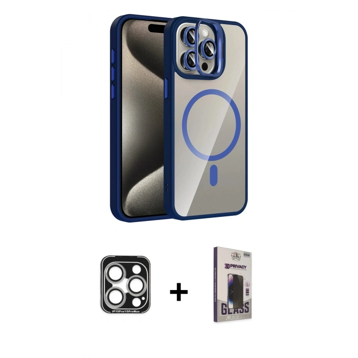 MARSİLYAN™- iPhone 15 Pro Max Kılıf Yadigar Asil Koleksiyonu - Siyah Bilvis Hayalet Cam Ekran Koruyucu + Gümüş PVD Metal Kamera Lens