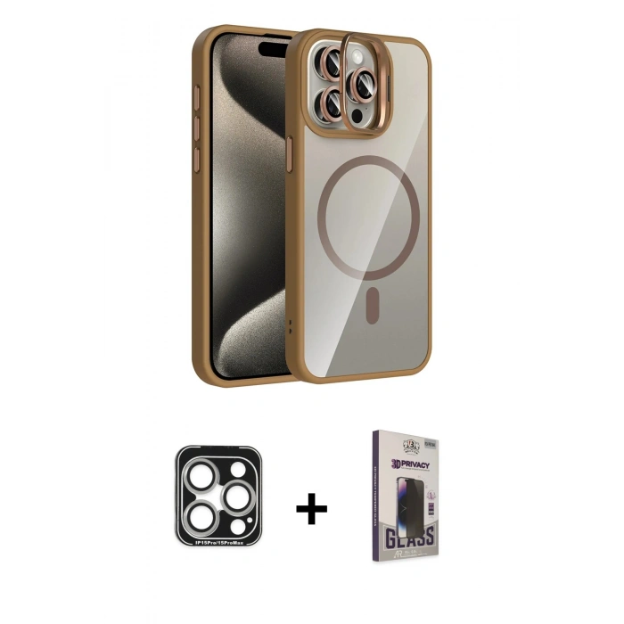 MARSİLYAN™- iPhone 15 Pro Max Kılıf Yadigar Asil Koleksiyonu - Siyah Bilvis Hayalet Cam Ekran Koruyucu + Gümüş PVD Metal Kamera Lens