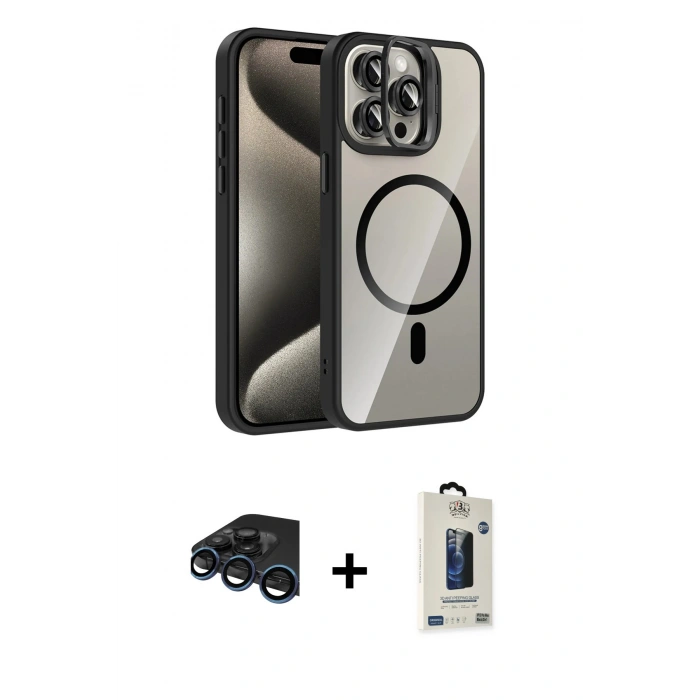 MARSİLYAN™- iPhone 15 Pro Max Kılıf Yadigar Asil Koleksiyonu - Siyah Bilvis Hayalet Cam Ekran Koruyucu + Raze Metal Kamera Lens - LT