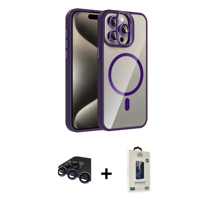 MARSİLYAN™- iPhone 15 Pro Max Kılıf Yadigar Asil Koleksiyonu - Siyah Bilvis Hayalet Cam Ekran Koruyucu + Raze Metal Kamera Lens - LT