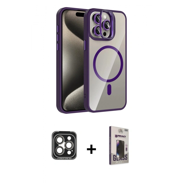 MARSİLYAN™- iPhone 15 Pro Max Kılıf Yadigar Asil Koleksiyonu - Siyah Bilvis Hayalet Cam Ekran Koruyucu + PVD Metal Kamera Lens - GI