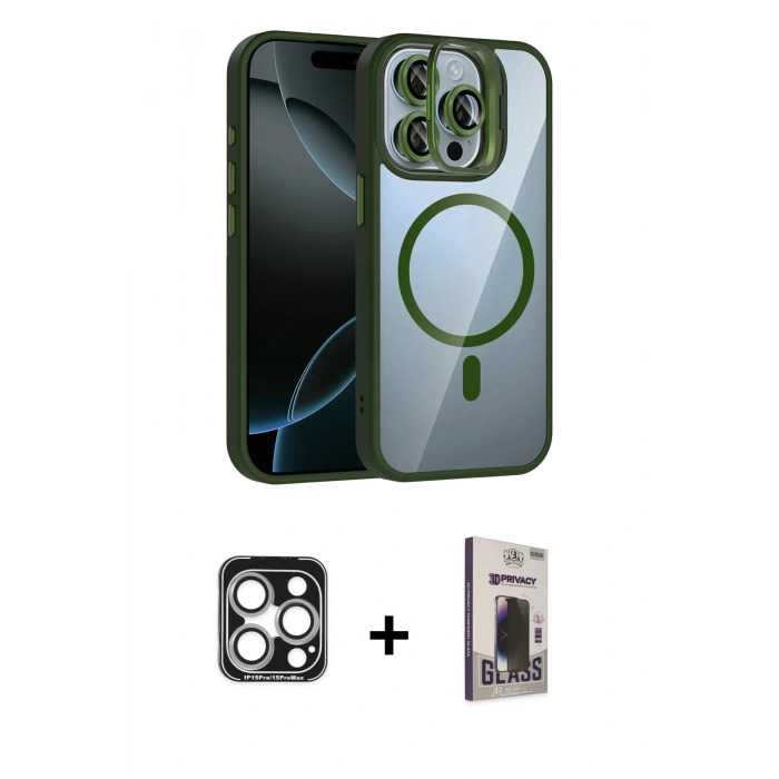 MARSİLYAN™- iPhone 15 Pro Max Kılıf Yadigar Asil Koleksiyonu - Siyah Bilvis Hayalet Cam Ekran Koruyucu + PVD Metal Kamera Lens - GS