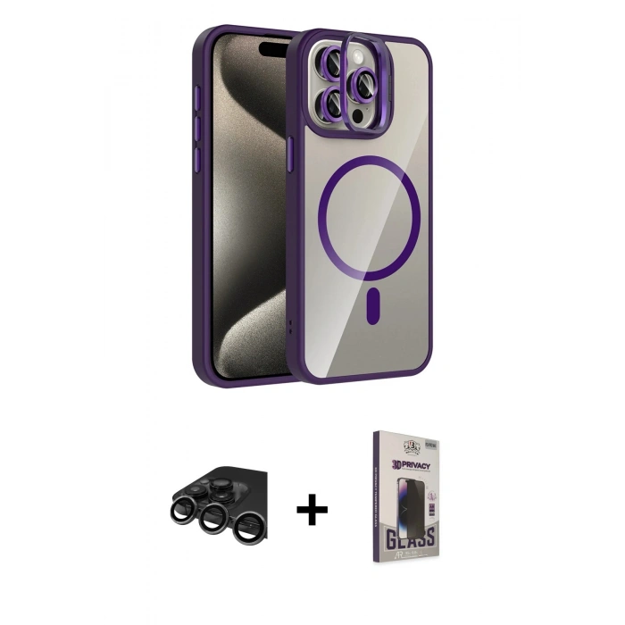 MARSİLYAN™- iPhone 15 Pro Max Kılıf Yadigar Asil Koleksiyonu - Siyah Bilvis Hayalet Cam Ekran Koruyucu + Raze Metal Kamera Lens - TMGI