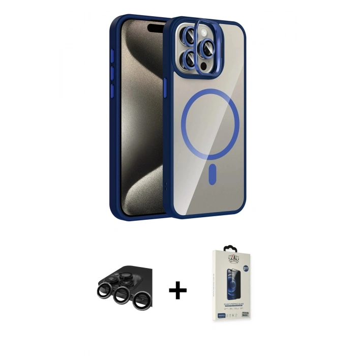 MARSİLYAN™- iPhone 15 Pro Max Kılıf Yadigar Asil Koleksiyonu - Siyah Bilvis Hayalet Cam Ekran Koruyucu + Raze Metal Kamera Lens - TMGI