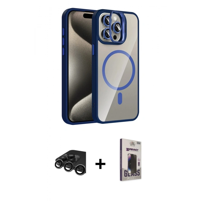MARSİLYAN™- iPhone 15 Pro Max Kılıf Yadigar Asil Koleksiyonu - Siyah Bilvis Hayalet Cam Ekran Koruyucu + Raze Metal Kamera Lens - TMGI