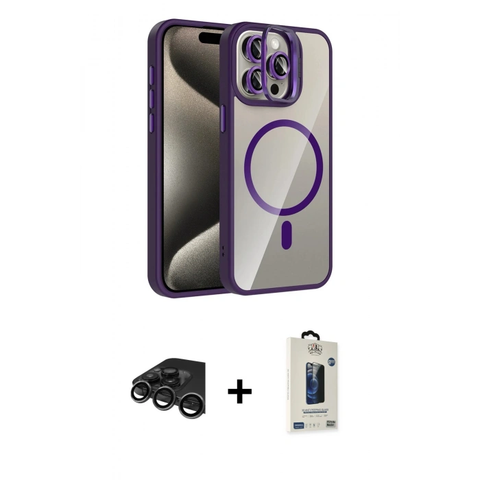 MARSİLYAN™- iPhone 15 Pro Max Kılıf Yadigar Asil Koleksiyonu - Siyah Bilvis Hayalet Cam Ekran Koruyucu + Raze Metal Kamera Lens - TMGI