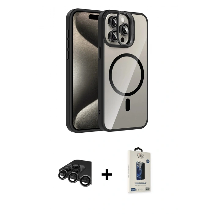 MARSİLYAN™- iPhone 15 Pro Max Kılıf Yadigar Asil Koleksiyonu - Siyah Bilvis Hayalet Cam Ekran Koruyucu + Raze Metal Kamera Lens - TMGI