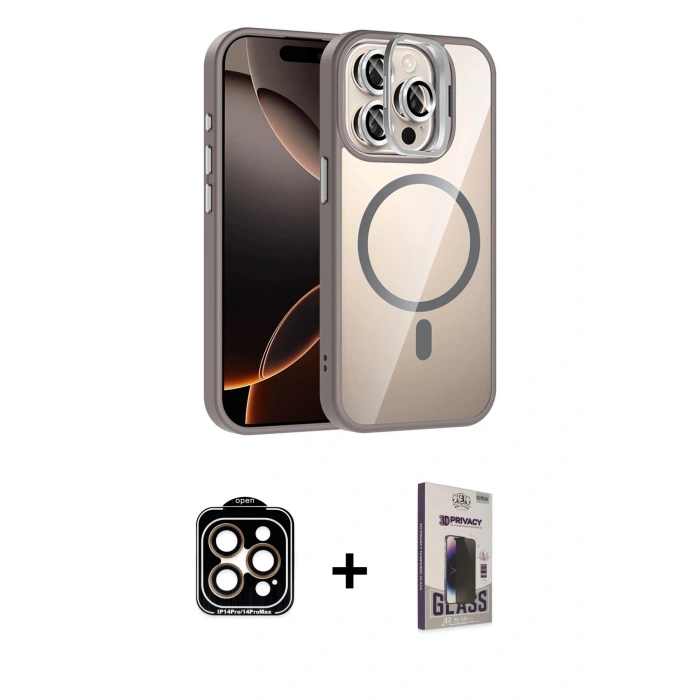 MARSİLYAN™- iPhone 15 Pro Max Kılıf Yadigar Asil Koleksiyonu - Siyah Bilvis Hayalet Cam Ekran Koruyucu + Turuncu PVD Metal Kamera Lens
